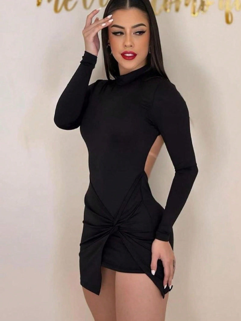 Vestido Feminino Canelado Manga Longa Com Nó Na Cintura , Com Detalhe Plissado Moda Tendência