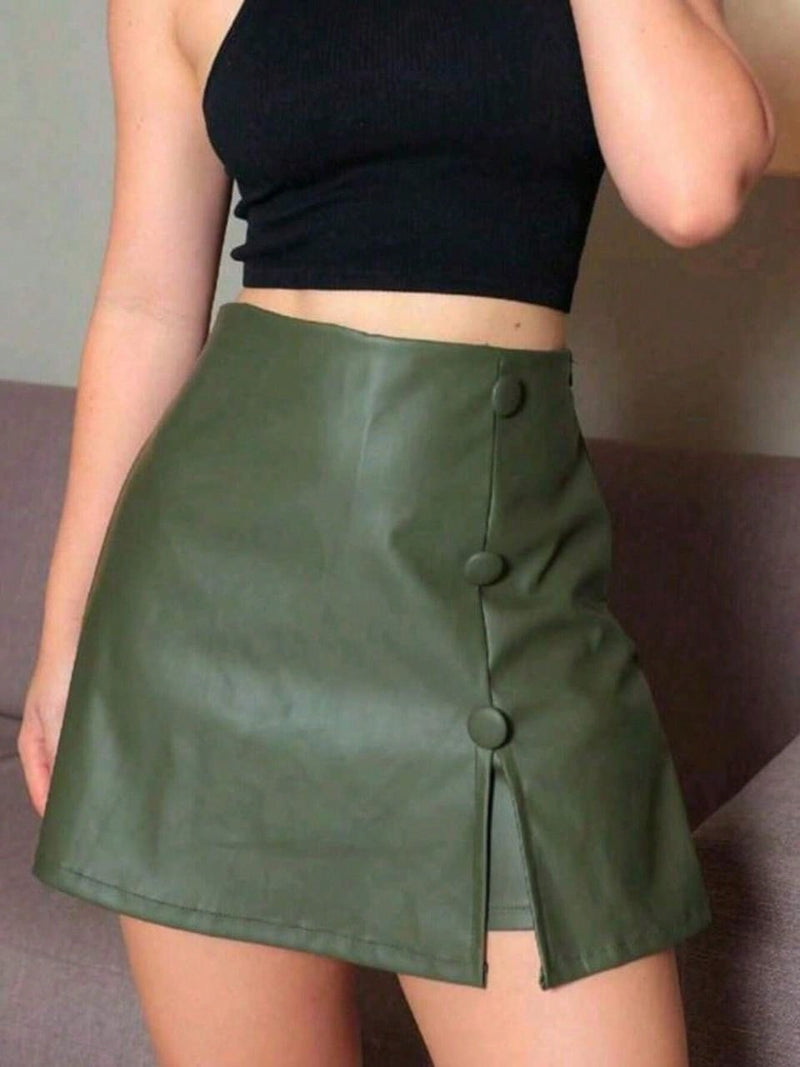 Short Saia Couro Feminino de Botão