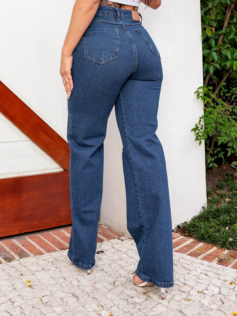 Calça Jeans Wide Leg Pantalona Azul Escuro